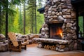 an outdoor fireplace at secluded forest cabin