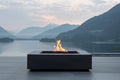 Outdoor fireplace on the terrace with coastal views. Royalty Free Stock Photo