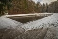 Outdoor forest swimming pool on Jizersky creek in Liberec city in winter day Royalty Free Stock Photo