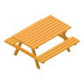 Outdoor furniture icon isometric vector. New wooden table and two benche icon