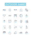 Outdoor games vector line icons set. Sports, Ballgames, Lawngames, Tag, Frisbee, CapturetheFlag, Volleyball illustration