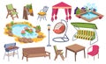 Outdoor garden furniture icon set, water pond place, bbq stuff and relaxing backyard object cartoon vector illustration Royalty Free Stock Photo