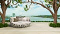 outdoor garden lounging terrace and sofa with tree rooftop , 3D illustration rendering