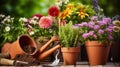 Outdoor Gardening Tools Amidst a Colorful Array of Flowers. Generative AI