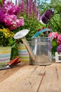 Outdoor gardening tools on old wood table Royalty Free Stock Photo