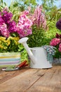 Outdoor gardening tools on old wood table Royalty Free Stock Photo