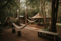 outdoor glamping site with hammocks, swings, and cozy tents