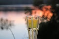 Outdoor glass votives lit in evening Royalty Free Stock Photo
