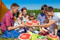 Outdoor group portrait of happy company having picnic on green grass in park and enjoying watermelon Royalty Free Stock Photo