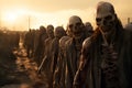 outdoor group of zombie at sunset or sunrise, neural network generated photorealistic image