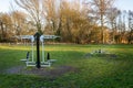 Outdoor gym exercise equipment at public park sports area. Weights and resistance training. Royalty Free Stock Photo