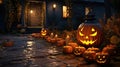 Outdoor halloween decorations with pumpkins and candles