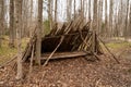 Outdoor hand built shelter in the woods