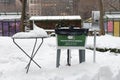 Outdoor Hand Washing Station Sink Covered in Snow during the Winter and Covid 19 Pandemic at Bryant Park in New York City