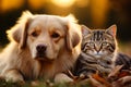 In outdoor harmony, cat and dog solidify their heartwarming friendship Royalty Free Stock Photo