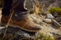 Outdoor hiking shoes in mountains.