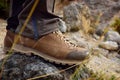 Outdoor hiking shoes on rock trail.