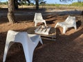 Outdoor hippie furniture set on garden background. Holiday family and friends concept