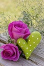 Outdoor holiday decoration with pink roses and green heart Royalty Free Stock Photo