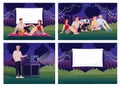 Outdoor home cinema semi flat vector illustration set Royalty Free Stock Photo