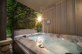 A outdoor hot tub near a forest with a sunburst coming through the trees. Royalty Free Stock Photo