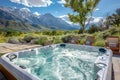 Outdoor Hot Tub Overlooking a Majestic Mountain Range Royalty Free Stock Photo