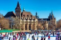 Outdoor ice rink in Varosliget with Vajdahunyad Castle in the background. Budapest, Hungary Royalty Free Stock Photo