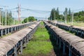 Outdoor incline large conveyor with rubber belt conveyor for transportation line for processing the coal in the coal mine. Royalty Free Stock Photo