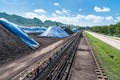 Outdoor incline large conveyor with rubber belt conveyor for transportation line for processing the coal in the coal mine. Royalty Free Stock Photo