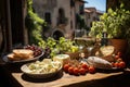 Outdoor Italian banquet: pasta, cheeses and wine in Vila Picturesque., generative IA Royalty Free Stock Photo