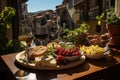 Outdoor Italian banquet: pasta, cheeses and wine in Vila Picturesque., generative IA Royalty Free Stock Photo