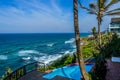 Outdoor jacuzzi and luxurious spa bath and infinity pool along Atlantic ocean in Ballito South Africa Royalty Free Stock Photo