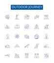 Outdoor journey line icons signs set. Design collection of Hike, Trek, Walk, Explore, Camp, Adventure, Safari, Cycle