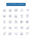 Outdoor journey line icons signs set. Design collection of Hike, Trek, Walk, Explore, Camp, Adventure, Safari, Cycle