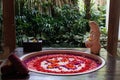 Outdoor jungle view stone round bath tub with flower shaped petals in pink,red,white colors near window. Organic spa Royalty Free Stock Photo