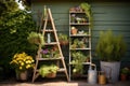outdoor ladder bookshelf with gardening books and tools