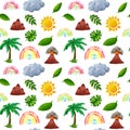 Outdoor landscape seamless pattern in simple naive childish style. Palm tree, rainbow, mountain, volcano. Watercolor