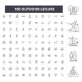 Outdoor leisure editable line icons, 100 vector set, collection. Outdoor leisure black outline illustrations, signs Royalty Free Stock Photo