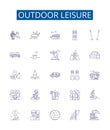 Outdoor leisure line icons signs set. Design collection of Camping, Hiking, Fishing, Kayaking, Biking, Swimming, Boating