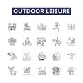 Outdoor leisure line vector icons and signs. camping, kayaking, biking, swimming, canoeing, rafting, fishing, sailing Royalty Free Stock Photo