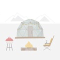 Outdoor Leisure time at nature. Glamping with bonfire, bbq, chair vector illustration.