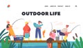 Outdoor Life Landing Page Template. Children Fishermen Have Fun on Pond, Little Boys and Girls Fishing with Rods on Pier Royalty Free Stock Photo