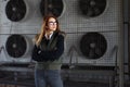 Outdoor lifestyle portrait of pretty young girl, wearing in hipster swag grunge style urban background Royalty Free Stock Photo