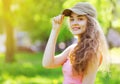 Outdoor lifestyle summer portrait pretty happy young girl with c Royalty Free Stock Photo