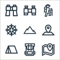 outdoor line icons. linear set. quality vector line set such as map, bag, camp, location, mountain, compass, hiking, binoculars