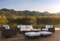 Outdoor living area and beautiful nature 3d rendering image,