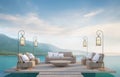 Outdoor living on swimming pool with mountain view 3d rendering image