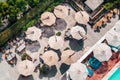 An outdoor lounging area by the pool