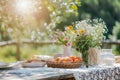 Outdoor lunch table setting with flowers. Romantic table setting with tablecloth, plates, crystal goblets, beautiful Royalty Free Stock Photo