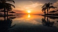 Outdoor luxury sunset over infinity pool swimming summer beach front hotel resort, tropical landscape. Generative AI Royalty Free Stock Photo